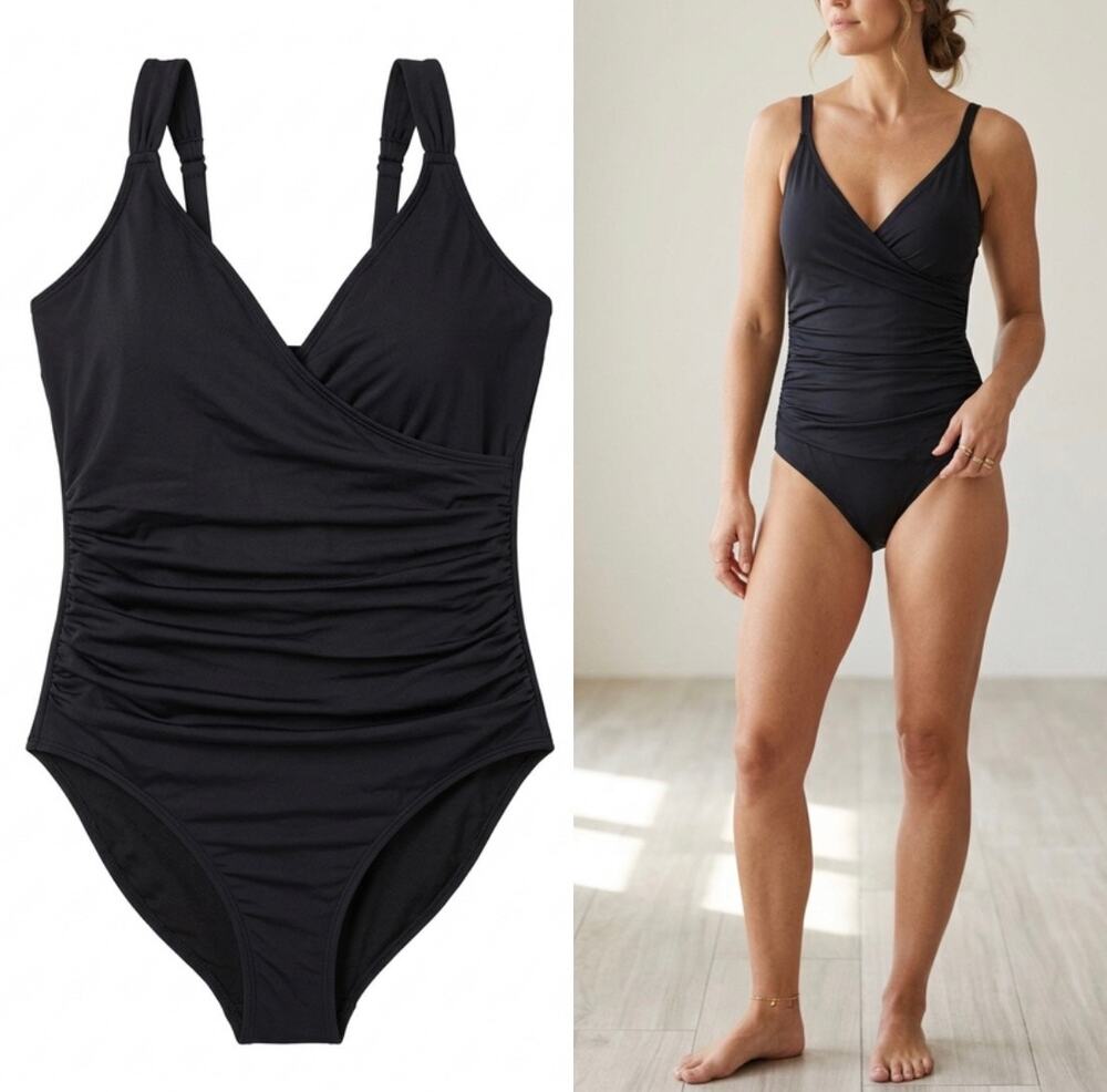 Anne Cole Black Surplice Ruched One Piece Swimsuit Size 16
